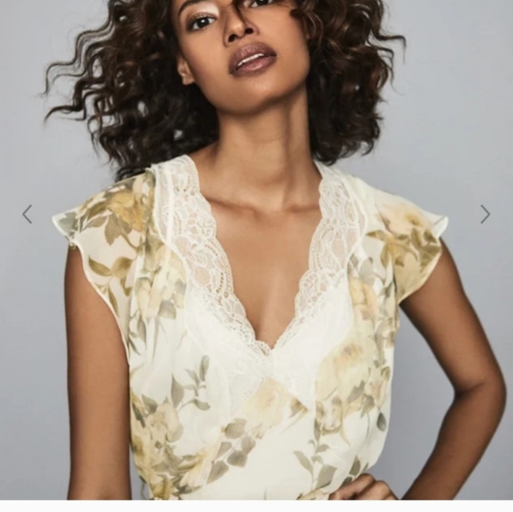 Reiss Emlin Floral Printed MIDI‎ Dress Ivory Yellow Fairy Cottage Lace NWOT - Picture 2 of 13